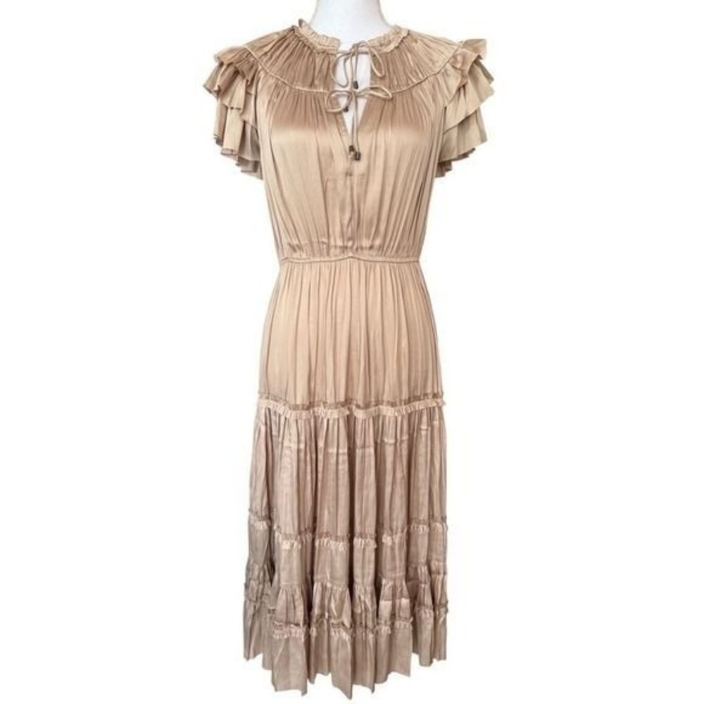 Reset by Jane Kianna Tiered Beige Pleated
Ruffle Midi Dress Womens Medium NWT